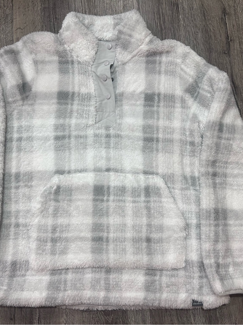 Eddie Bauer Light Gray Plaid Plush Zip-Up Sweater